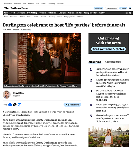 Northern Echo article: Darlington celebrant to host 'life parties' before funerals